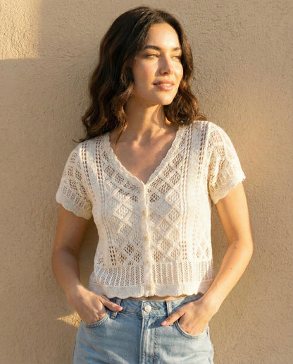 Cotton Diamond Knit Short Sleeve Cardigan V151