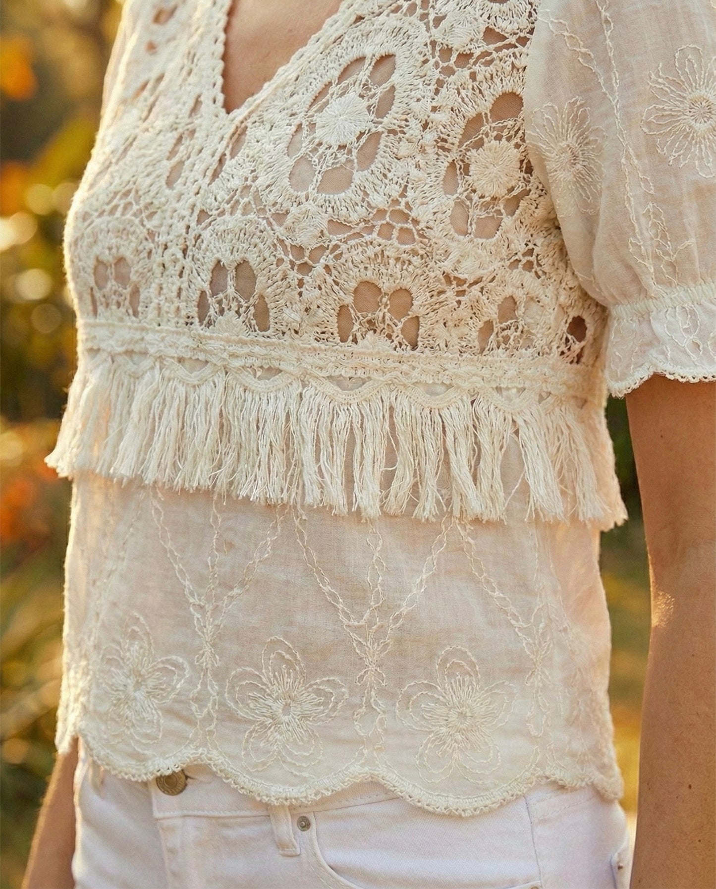 Artisan Cotton Fringe Crochet Blouse V107