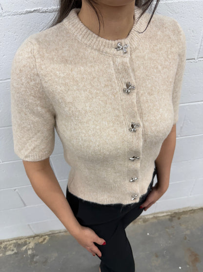 Crewneck Bow Button Knit Top V4865