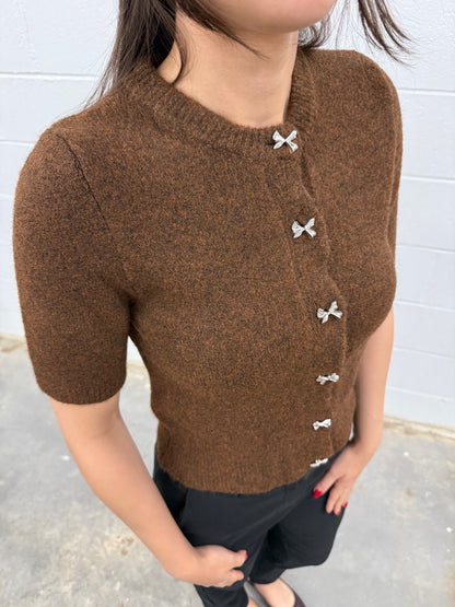 Crewneck Bow Button Knit Top V4865