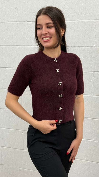 Crewneck Bow Button Knit Top V4865