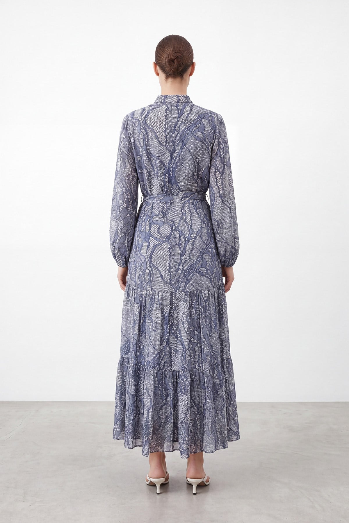 Women's Exotic Print Belted Long Dress - 26S-12685ELB - Navy