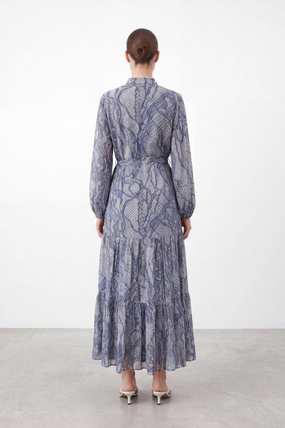 Women's Exotic Print Belted Long Dress - 26S-12685ELB - Navy