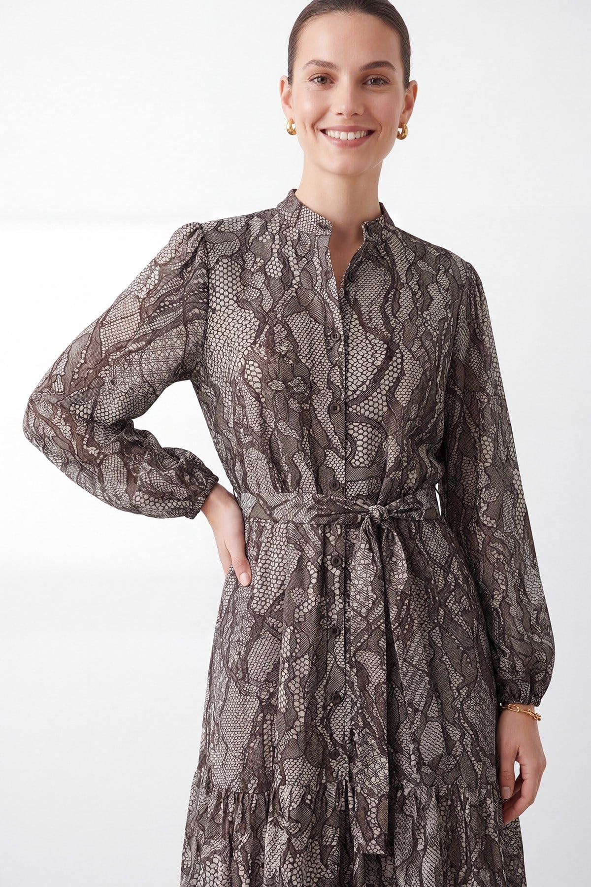 Women's Exotic Print Belted Long Dress - 26S-12685ELB - Brown
