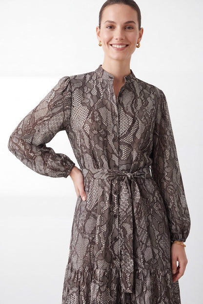 Women's Exotic Print Belted Long Dress - 26S-12685ELB - Brown