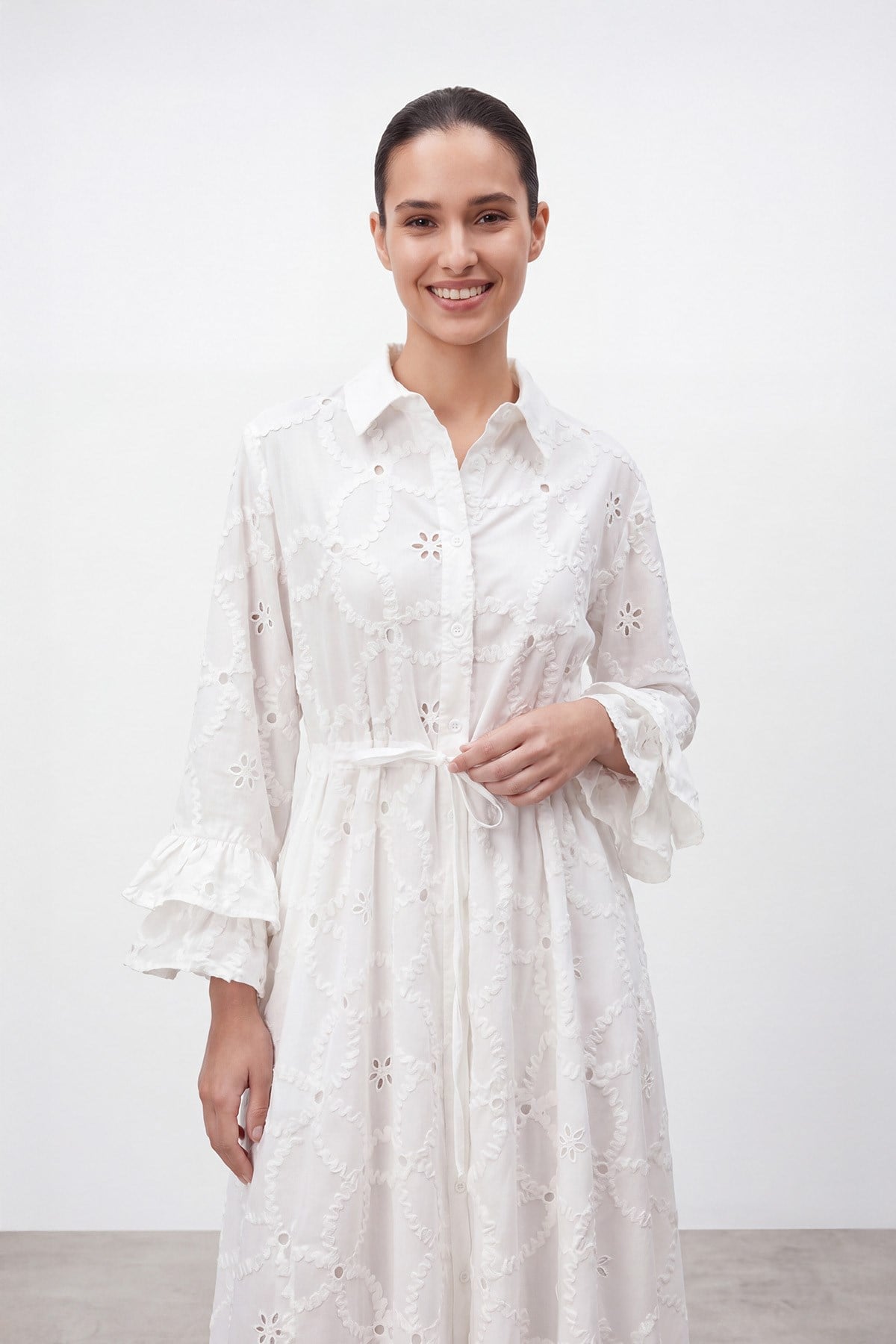 Women's Embroidered Sleeve Detail Long Dress - 32519ELB - Ecru