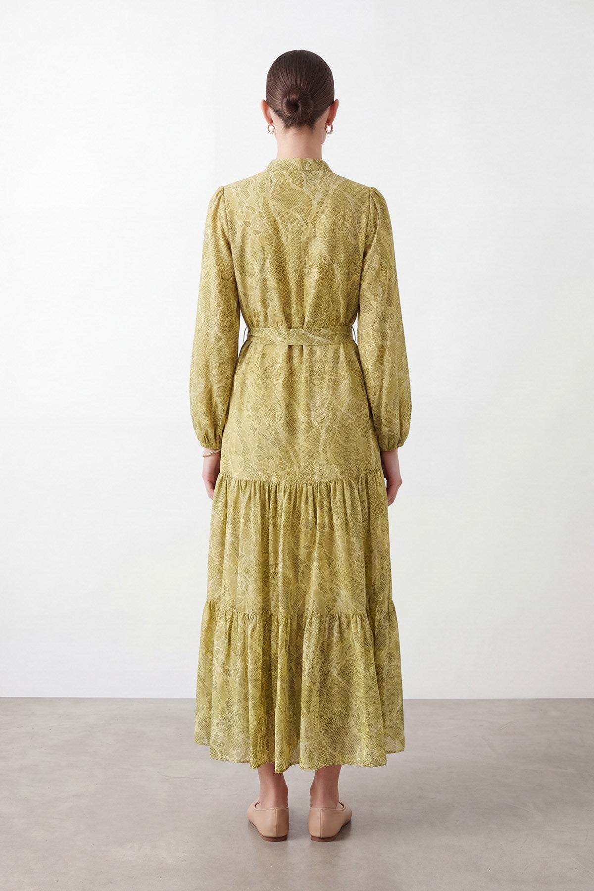 Women's Exotic Print Belted Long Dress - 26S-12685ELB - Olive