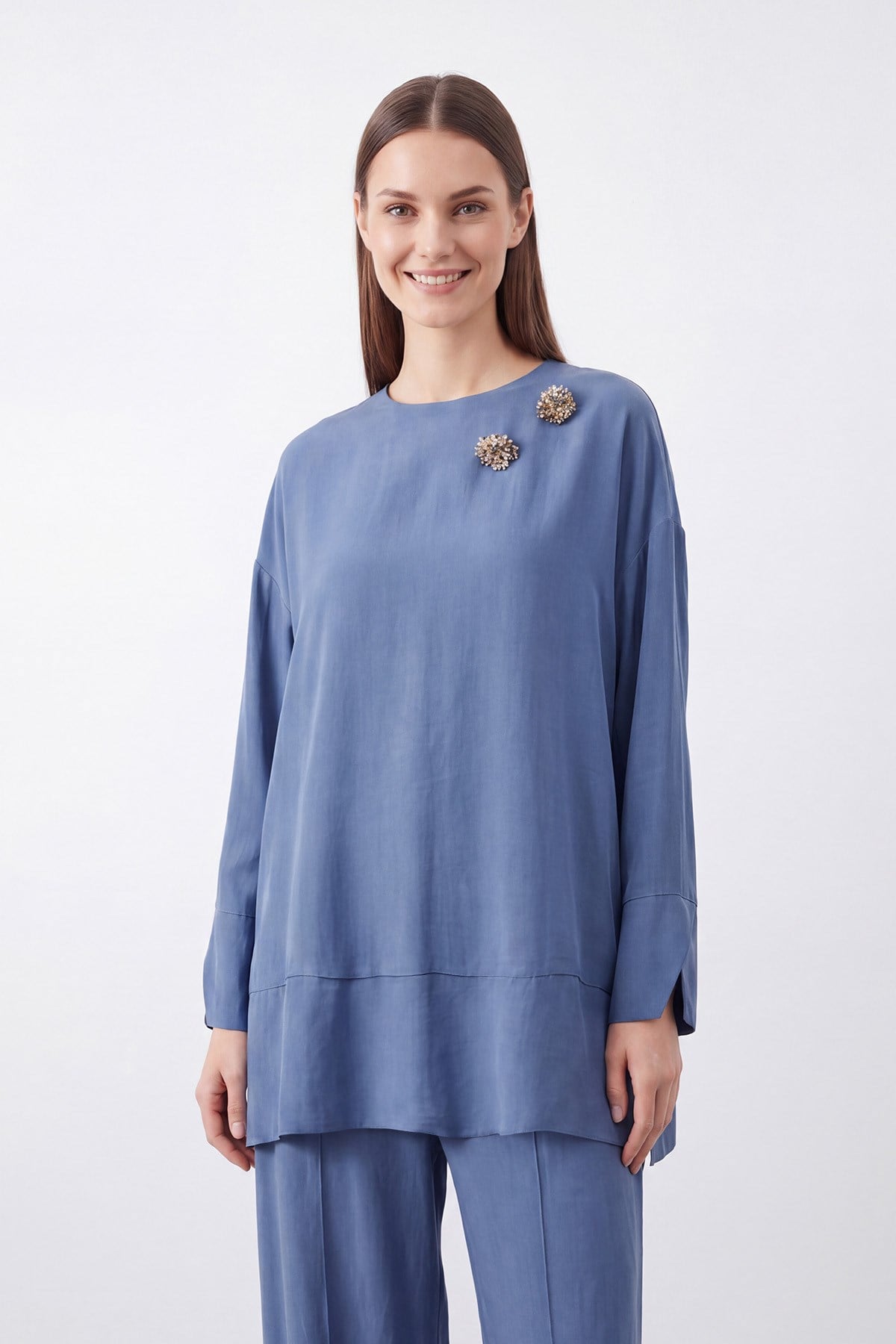 Women's Stone Embroidered Brooch Detail Set - Indigo