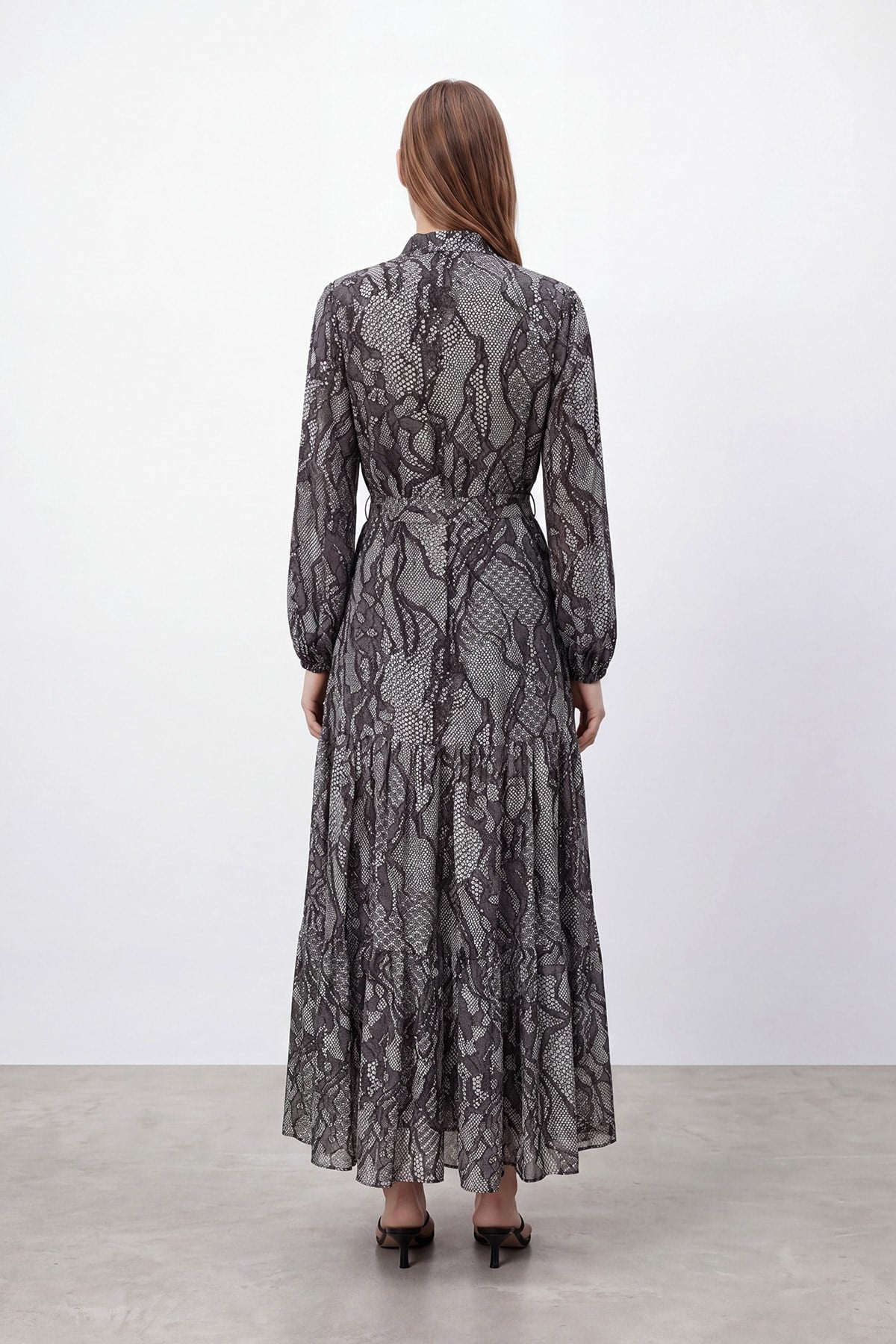 Women's Exotic Print Belted Long Dress - 26S-12685ELB - Black