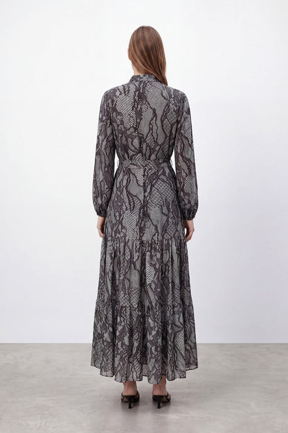 Women's Exotic Print Belted Long Dress - 26S-12685ELB - Black