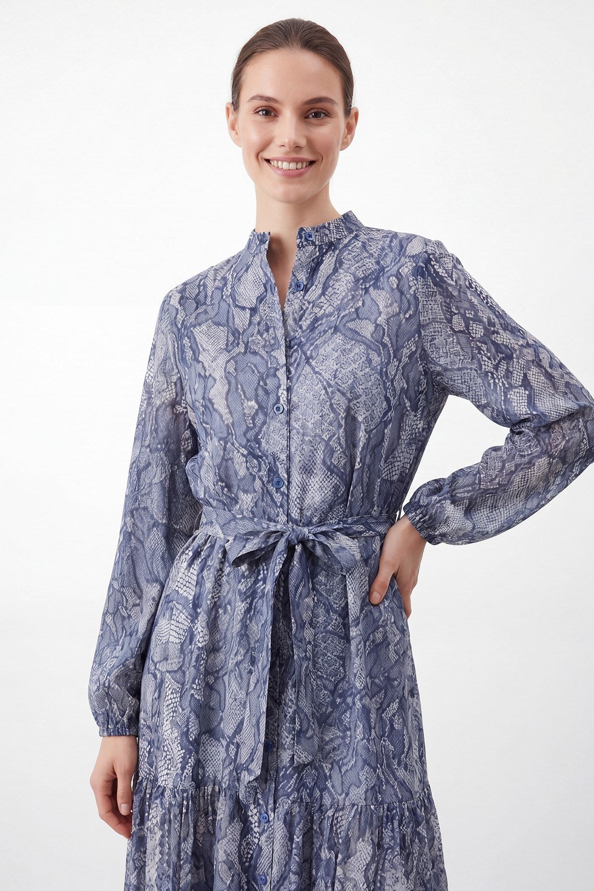 Women's Exotic Print Belted Long Dress - 26S-12685ELB - Navy