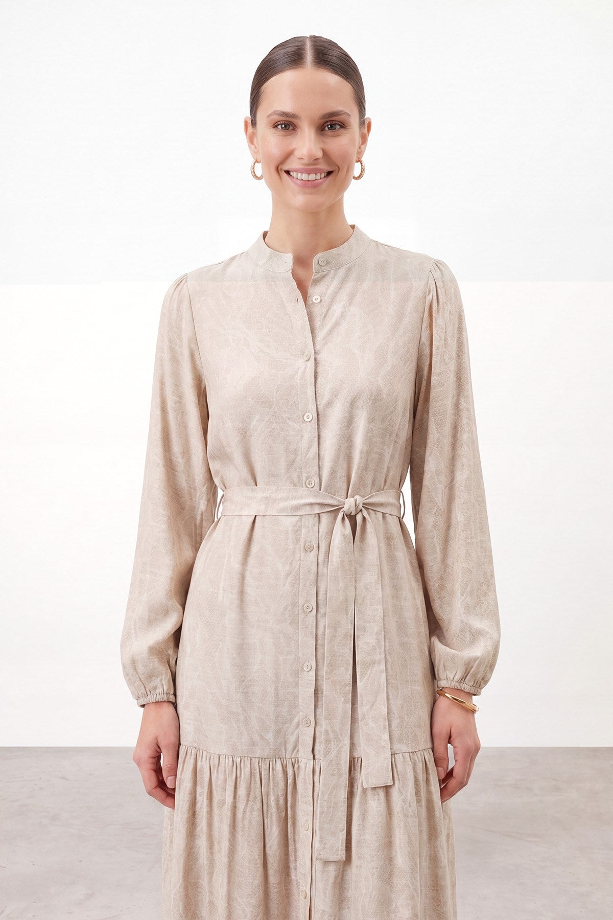 Women's Exotic Print Belted Long Dress - 26S-12685ELB - Beige