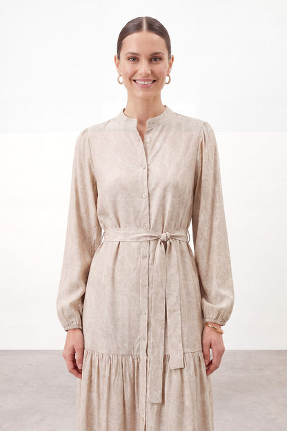 Women's Exotic Print Belted Long Dress - 26S-12685ELB - Beige