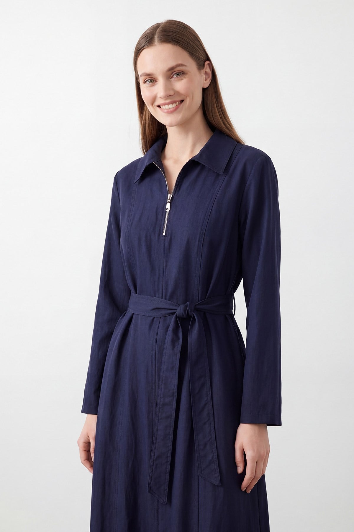 Women's Belted Half-Zip Long Dress - View 2