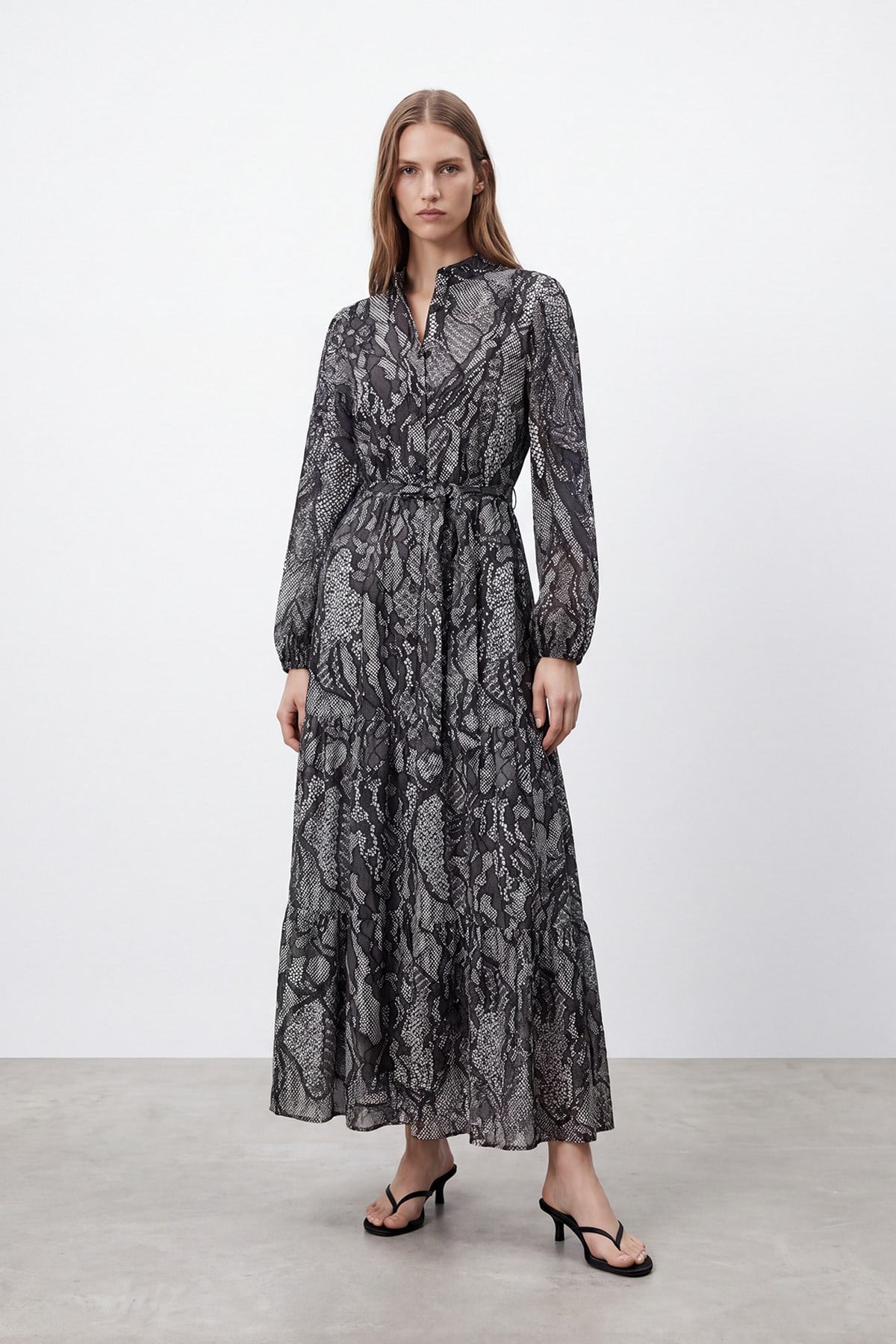Women's Exotic Print Belted Long Dress - 26S-12685ELB - Black