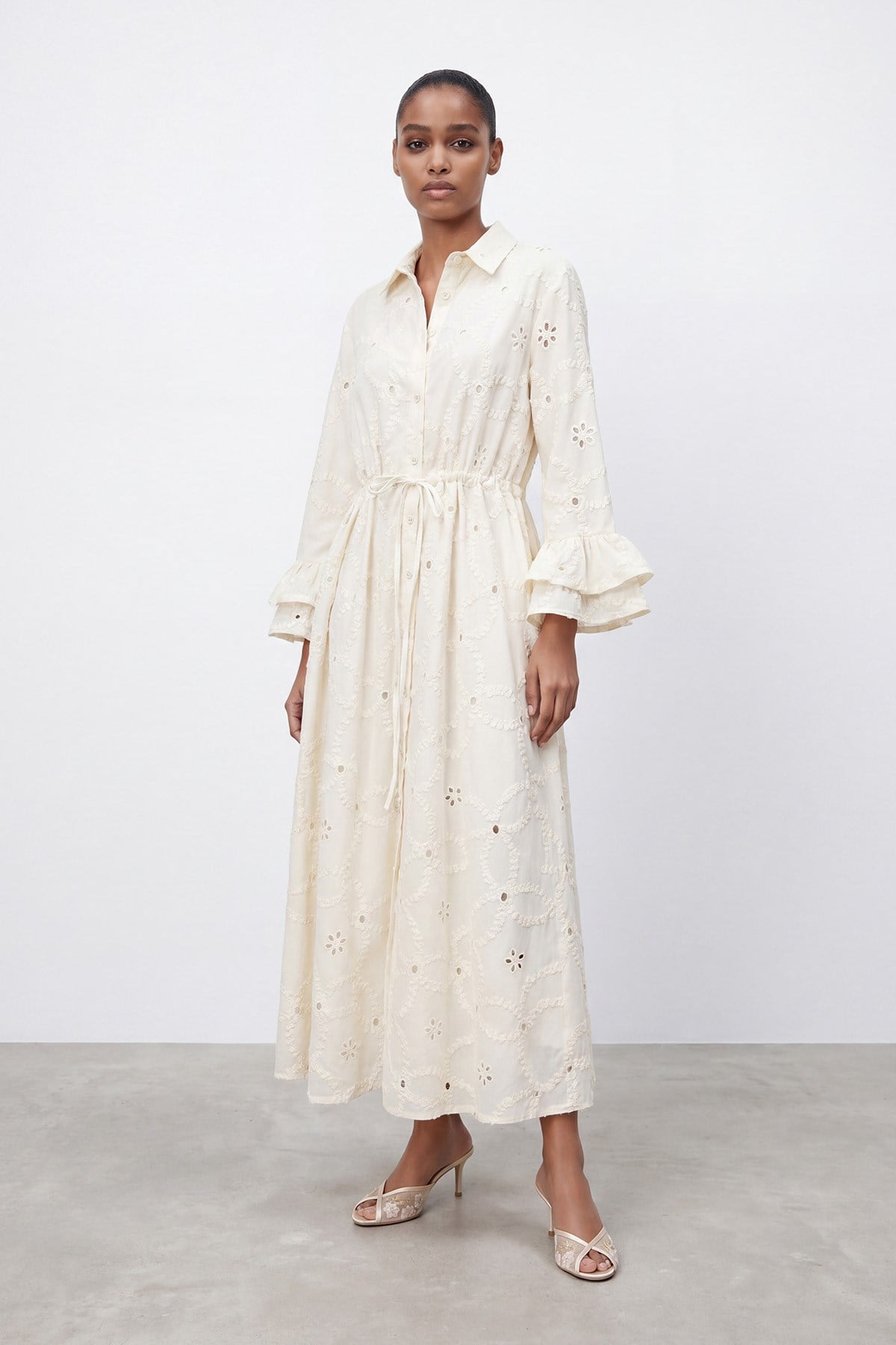 Women's Embroidered Sleeve Detail Long Dress - 32519ELB - Stone