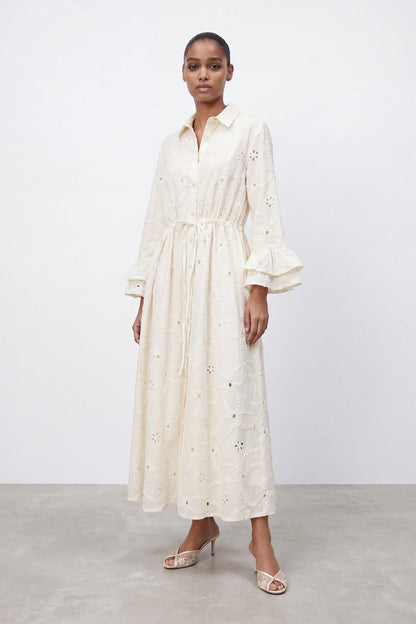 Women's Embroidered Sleeve Detail Long Dress - 32519ELB - Stone