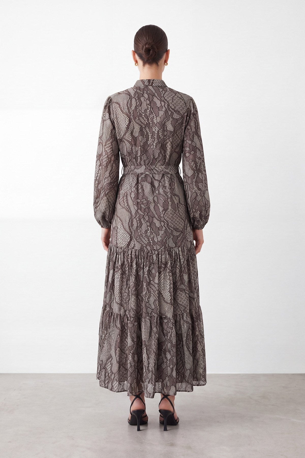 Women's Exotic Print Belted Long Dress - 26S-12685ELB - Brown