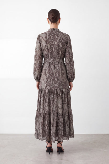 Women's Exotic Print Belted Long Dress - 26S-12685ELB - Brown