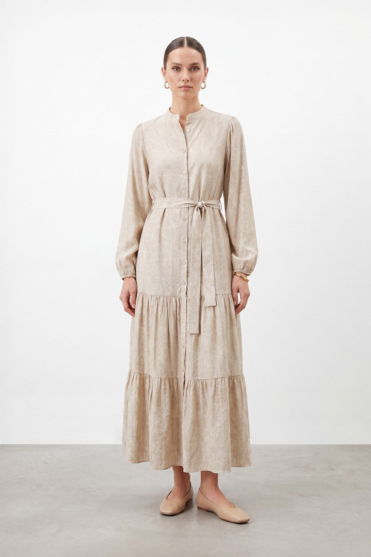 Women's Exotic Print Belted Long Dress - 26S-12685ELB - Beige