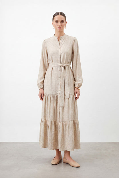 Women's Exotic Print Belted Long Dress - 26S-12685ELB - Beige