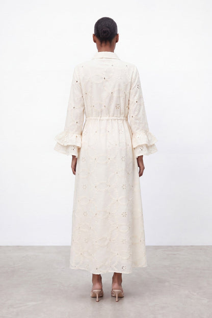 Women's Embroidered Sleeve Detail Long Dress - 32519ELB - Stone