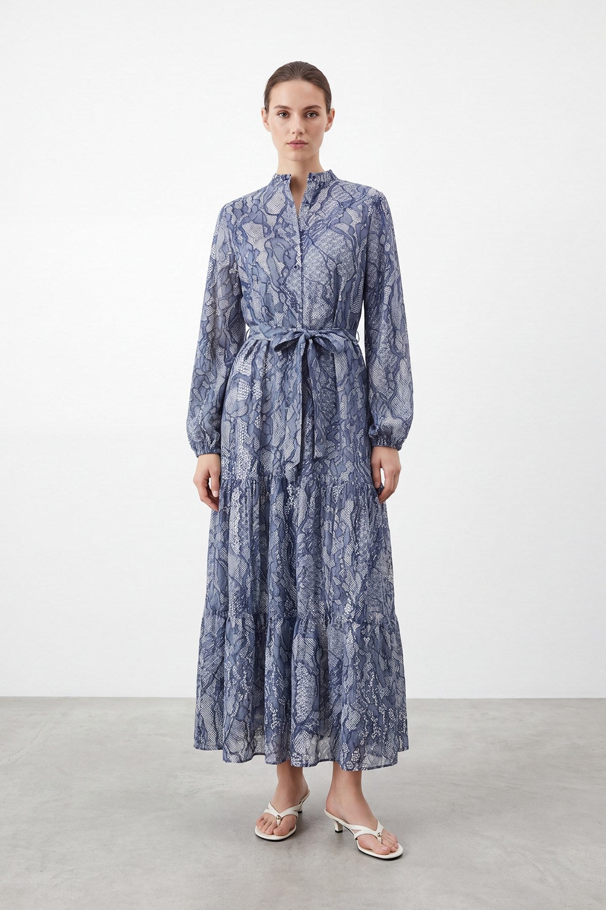 Women's Exotic Print Belted Long Dress - 26S-12685ELB - Navy