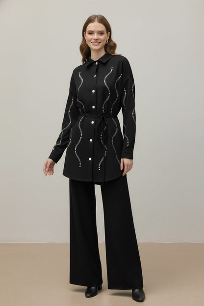Women's Stone Detail Scuba Shirt - Black