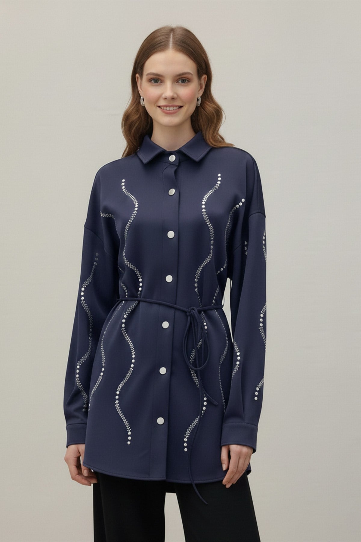 Women's Stone Detail Scuba Shirt - Navy