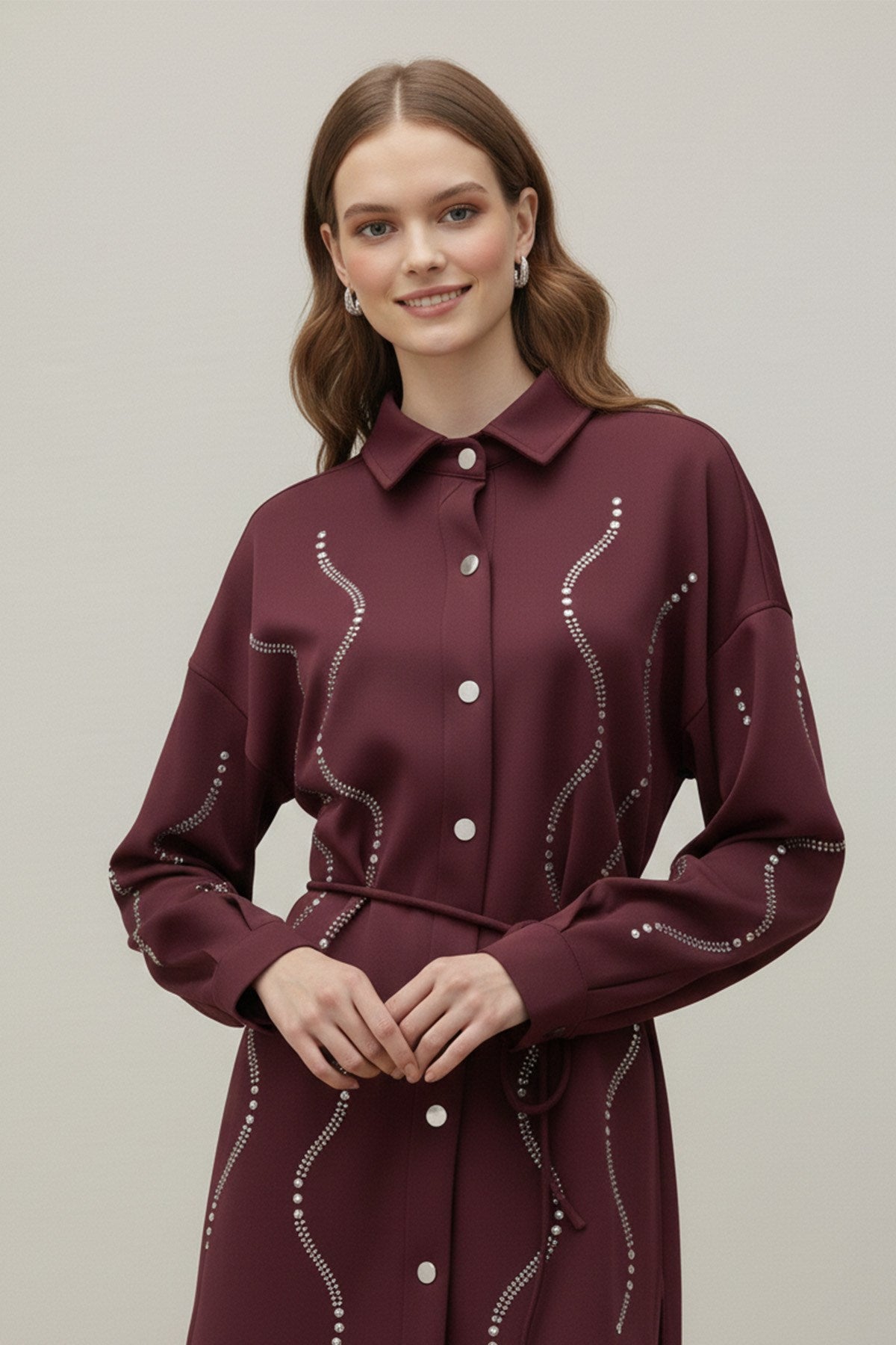 Women's Stone Detail Scuba Shirt - Burgundy