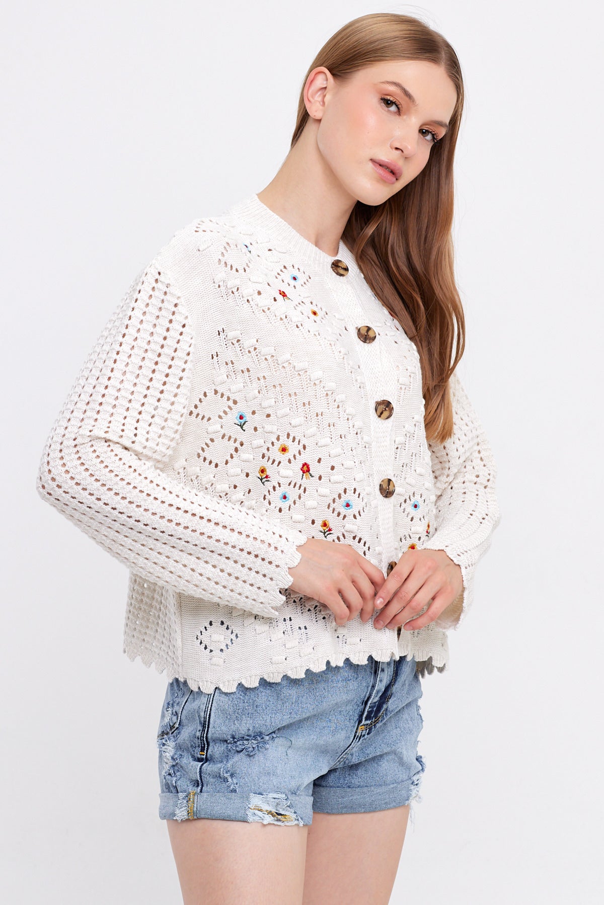 Flower Embroidered Knit Cardigan Cropped - Cute Collection