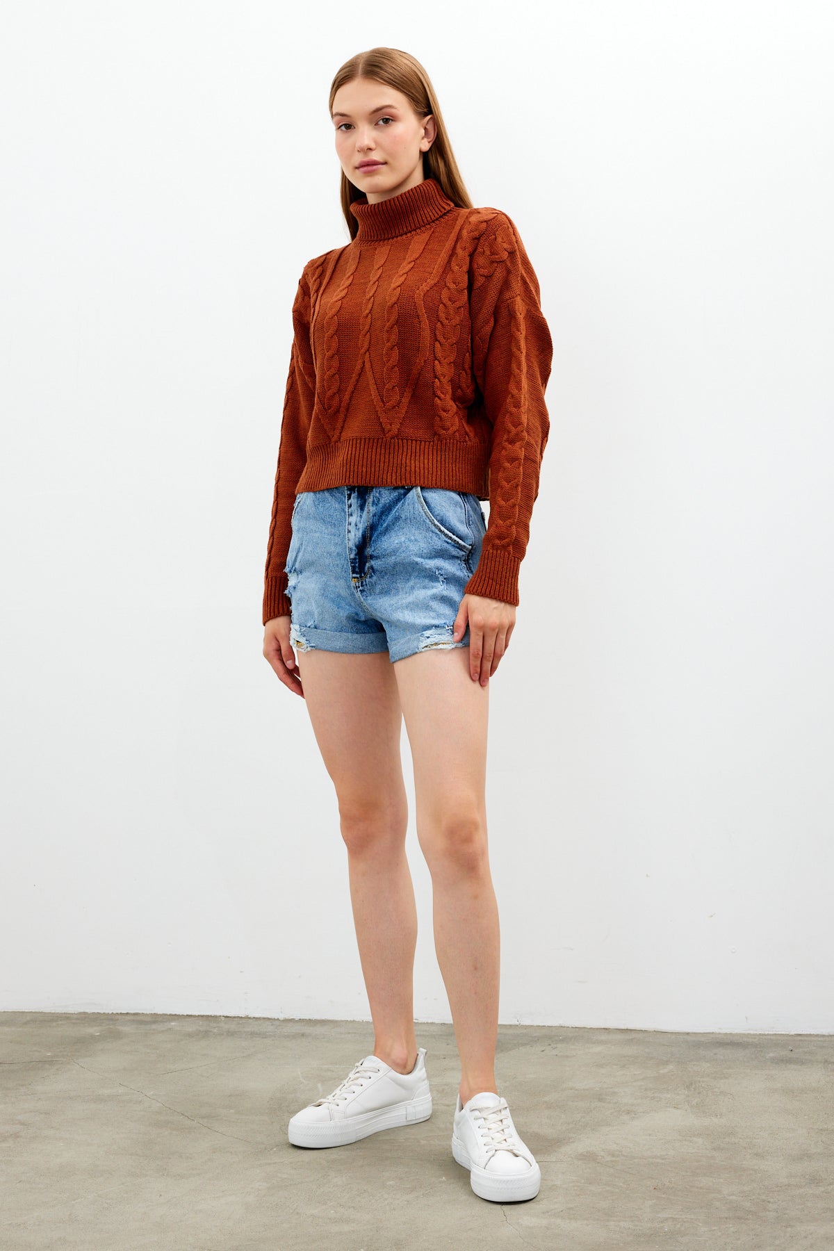 Oversized Turtleneck Sweater Solid Color With Knit Details - SKU: 1232