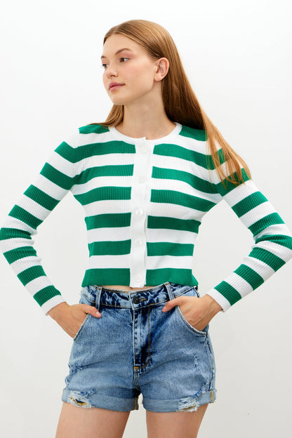 Striped Knit Top Button Detailed Top - SKU: 1093