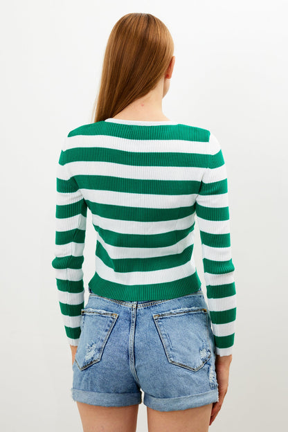 Striped Knit Top Button Detailed Top - SKU: 1093
