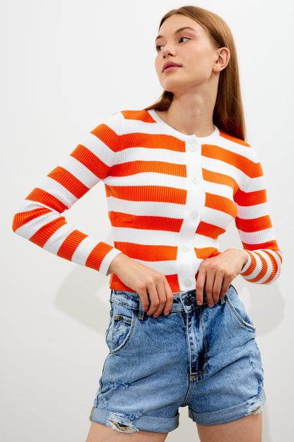 Striped Knit Top Button Detailed Top - SKU: 1093