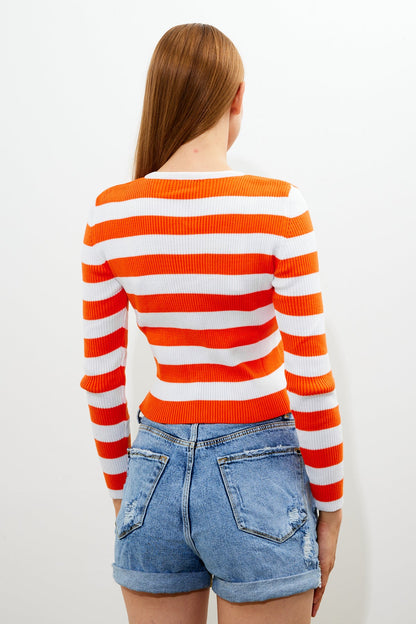 Striped Knit Top Button Detailed Top - SKU: 1093