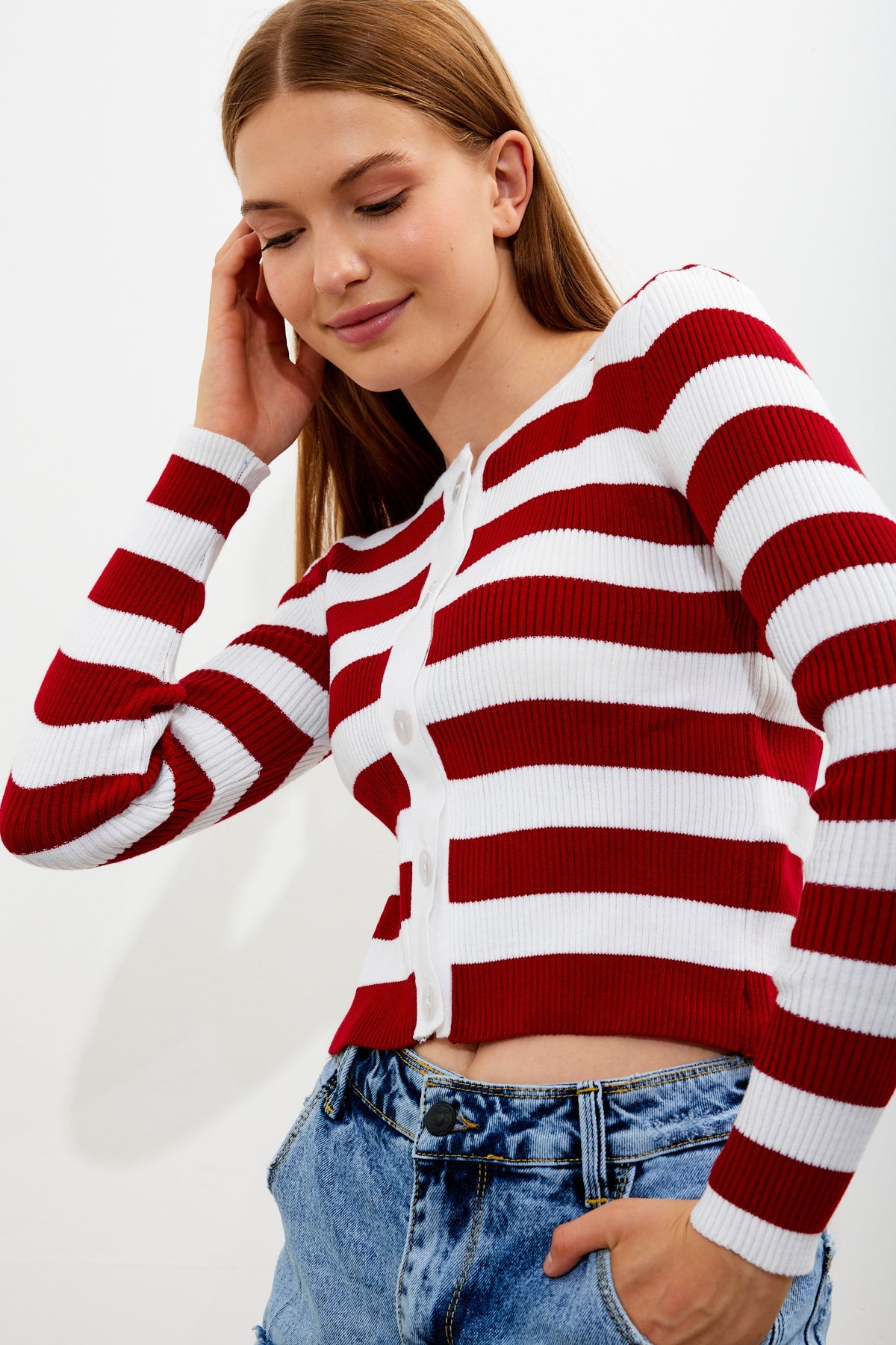 Striped Knit Top Button Detailed Top - SKU: 1093