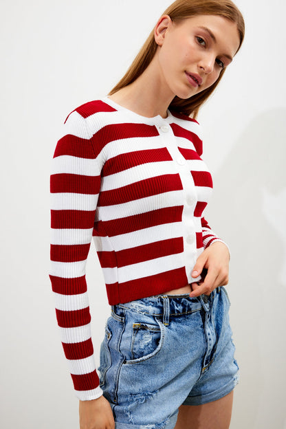 Striped Knit Top Button Detailed Top - SKU: 1093