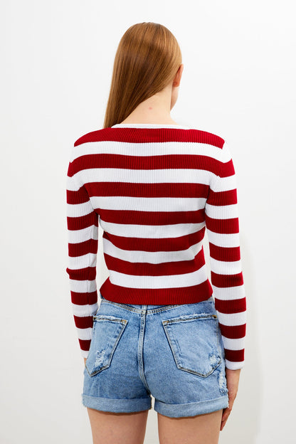 Striped Knit Top Button Detailed Top - SKU: 1093