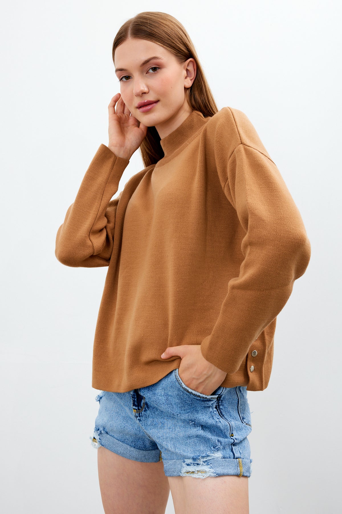 Mock Neck Knit Oversized Sweater Solid Color - SKU: 1306