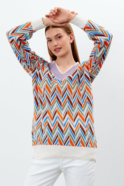 V Neck Oversized Sweater Stripe Patterned - SKU: 1208