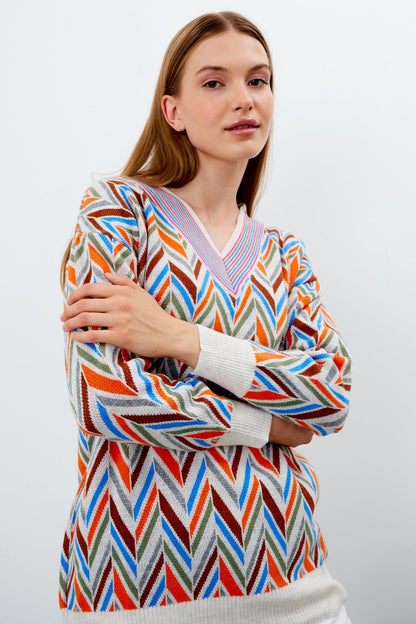 V Neck Oversized Sweater Stripe Patterned - SKU: 1208