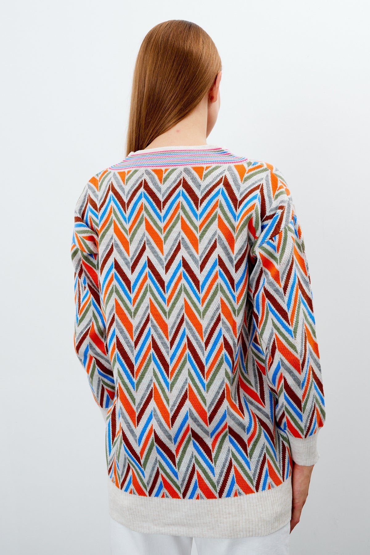 V Neck Oversized Sweater Stripe Patterned - SKU: 1208