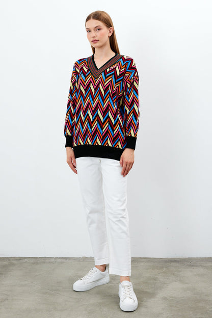 V Neck Oversized Sweater Stripe Patterned - SKU: 1208