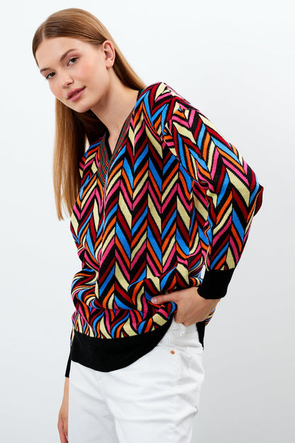 V Neck Oversized Sweater Stripe Patterned - SKU: 1208
