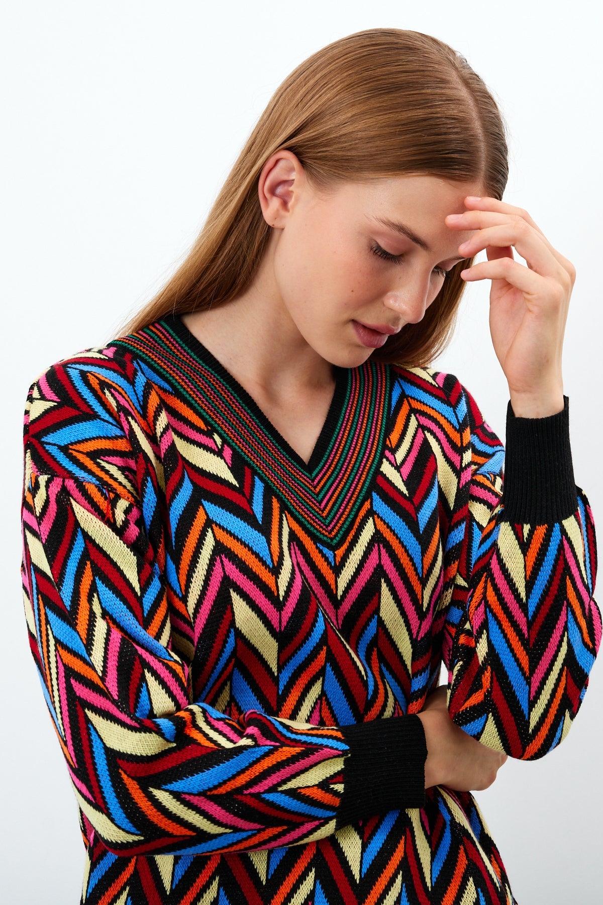 V Neck Oversized Sweater Stripe Patterned - SKU: 1208