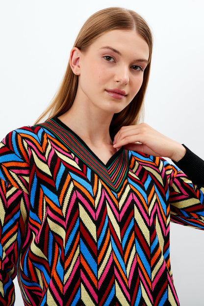 V Neck Oversized Sweater Stripe Patterned - SKU: 1208