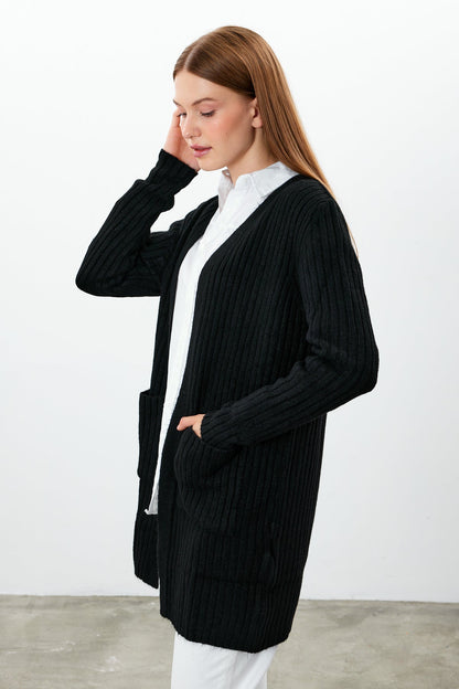 Long Ribbed Knit Cardigan Solid Color  - SKU: 9578