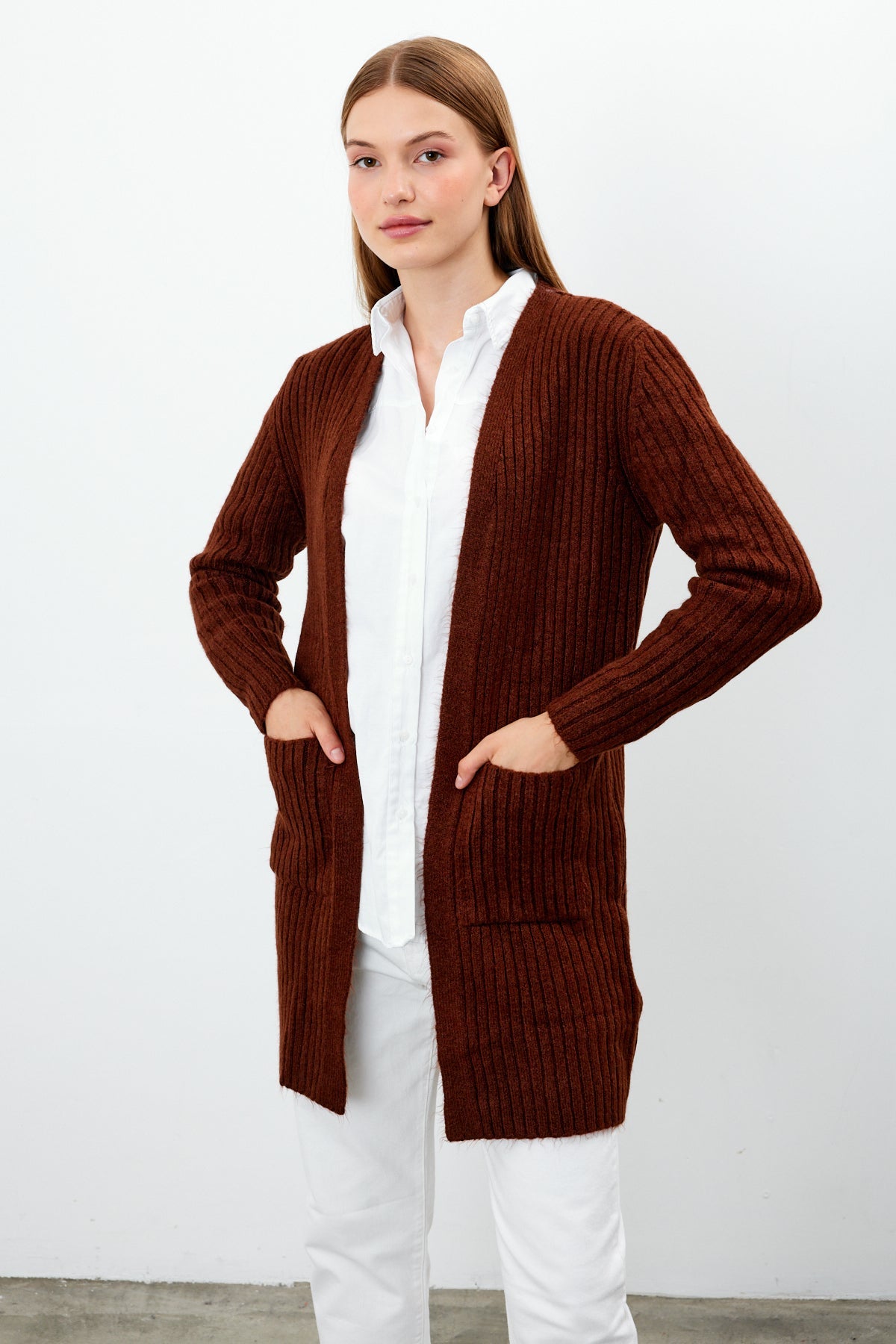 Long Ribbed Knit Cardigan Solid Color  - SKU: 9578