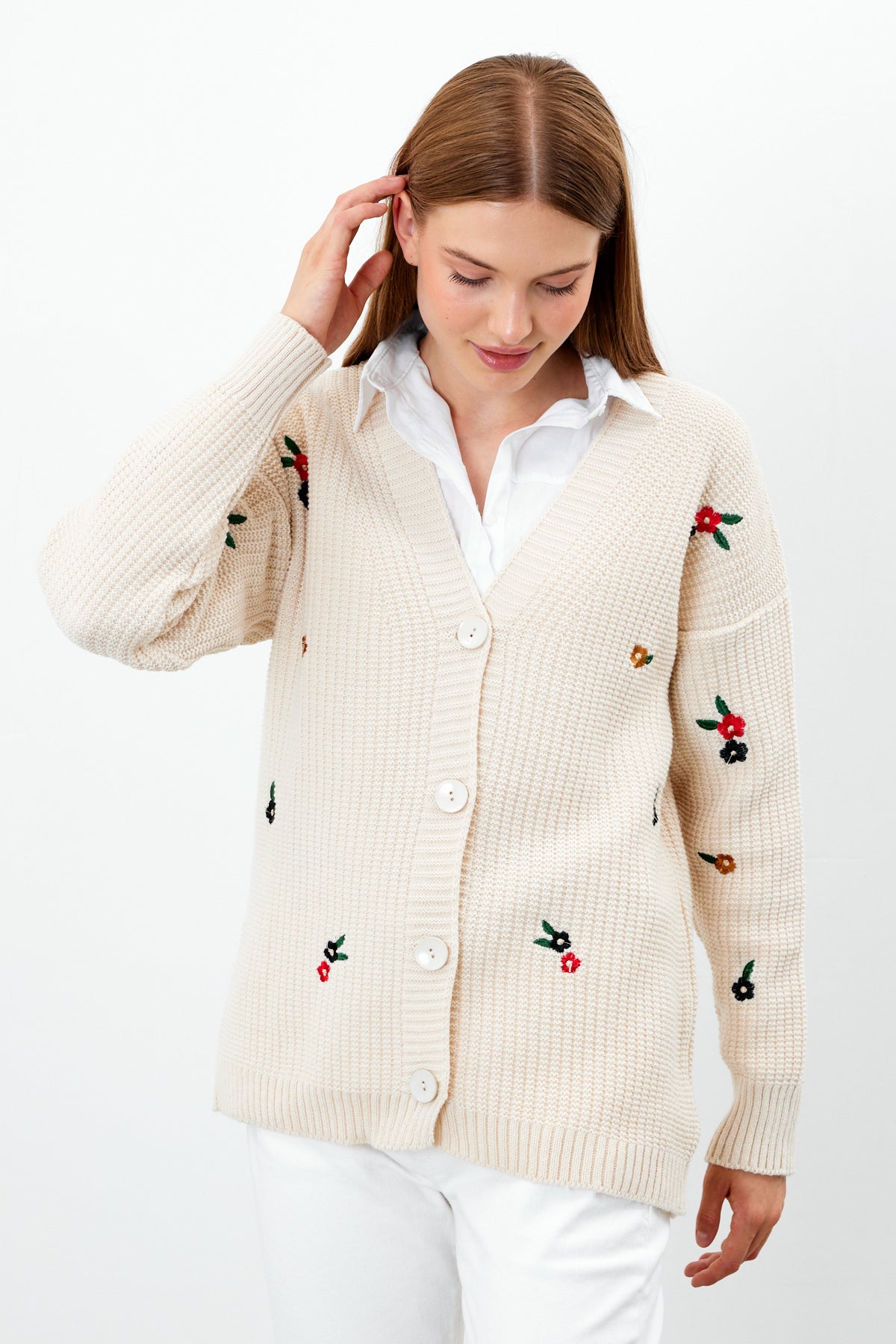 Middle Length Knit Cardigan Flower Embroidery Detailed - SKU: 3830